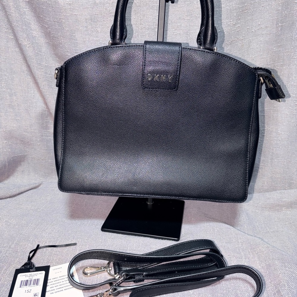 DKNY Black Leather Dome Satchel with Removable Strap